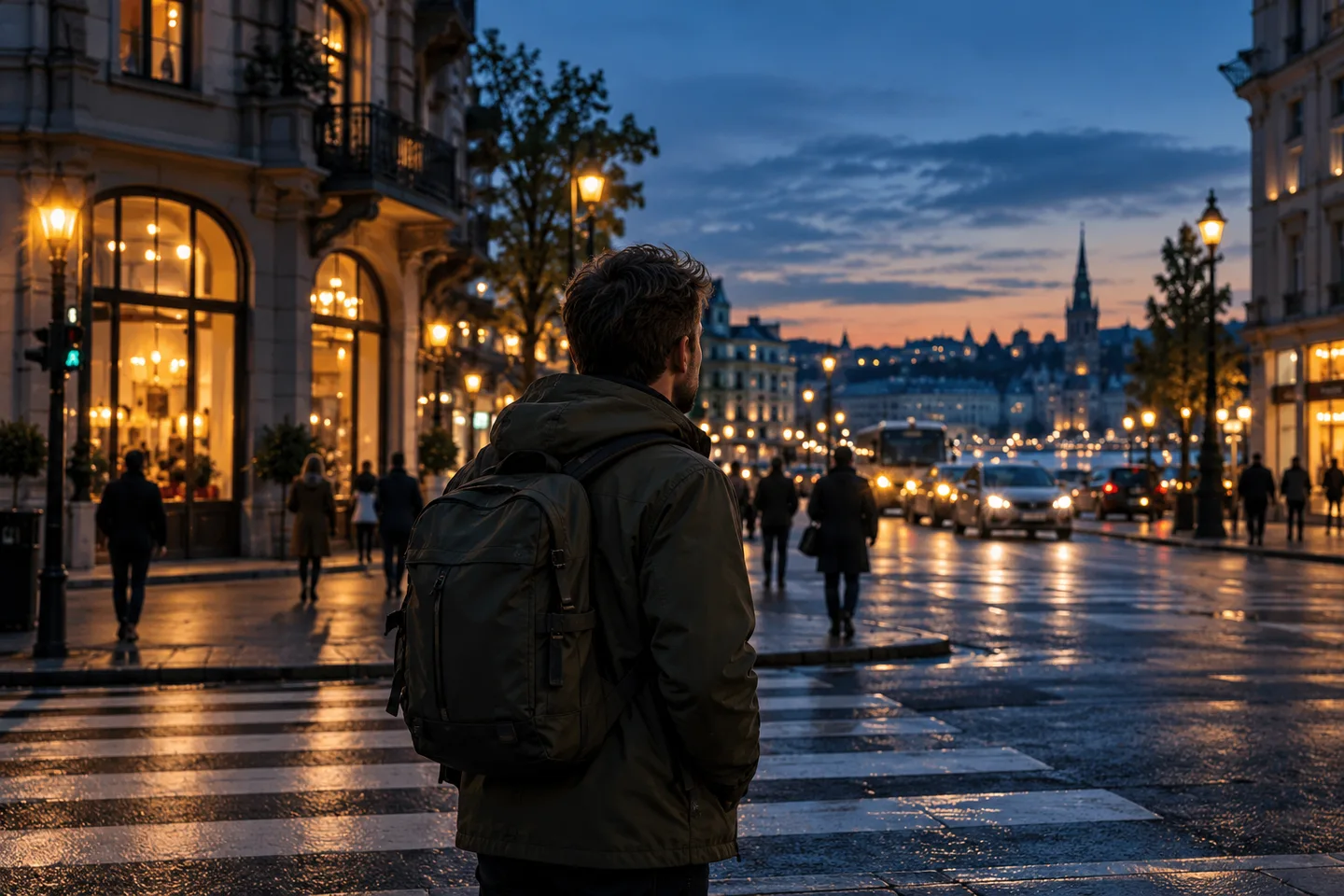 Person walking through an urban environment