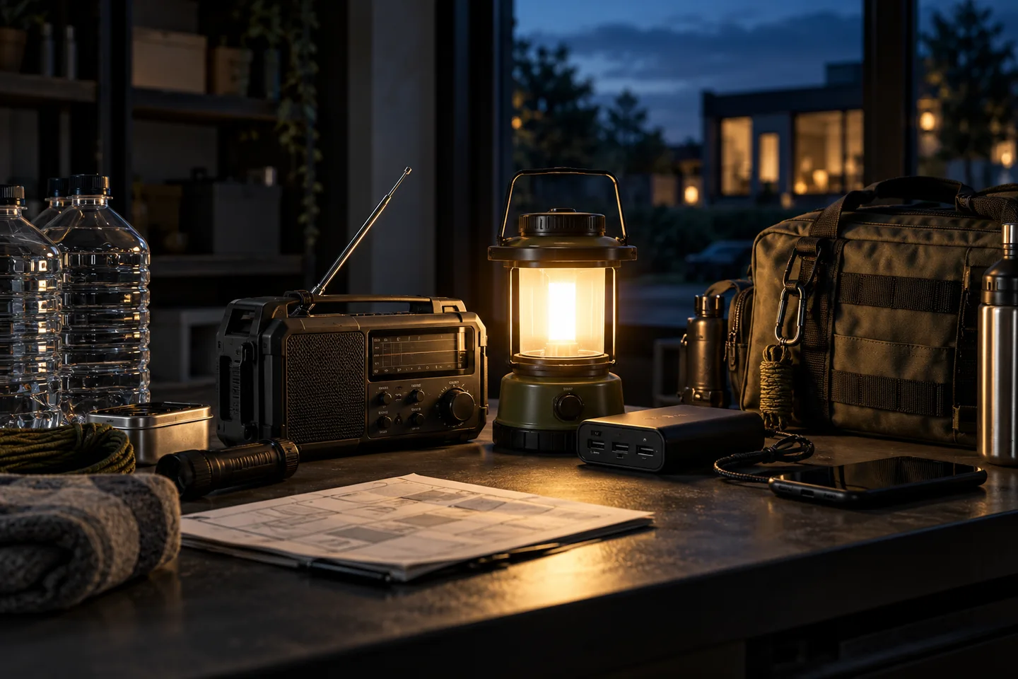 Emergency radio, lantern, water containers, and supplies prepared for a household outage