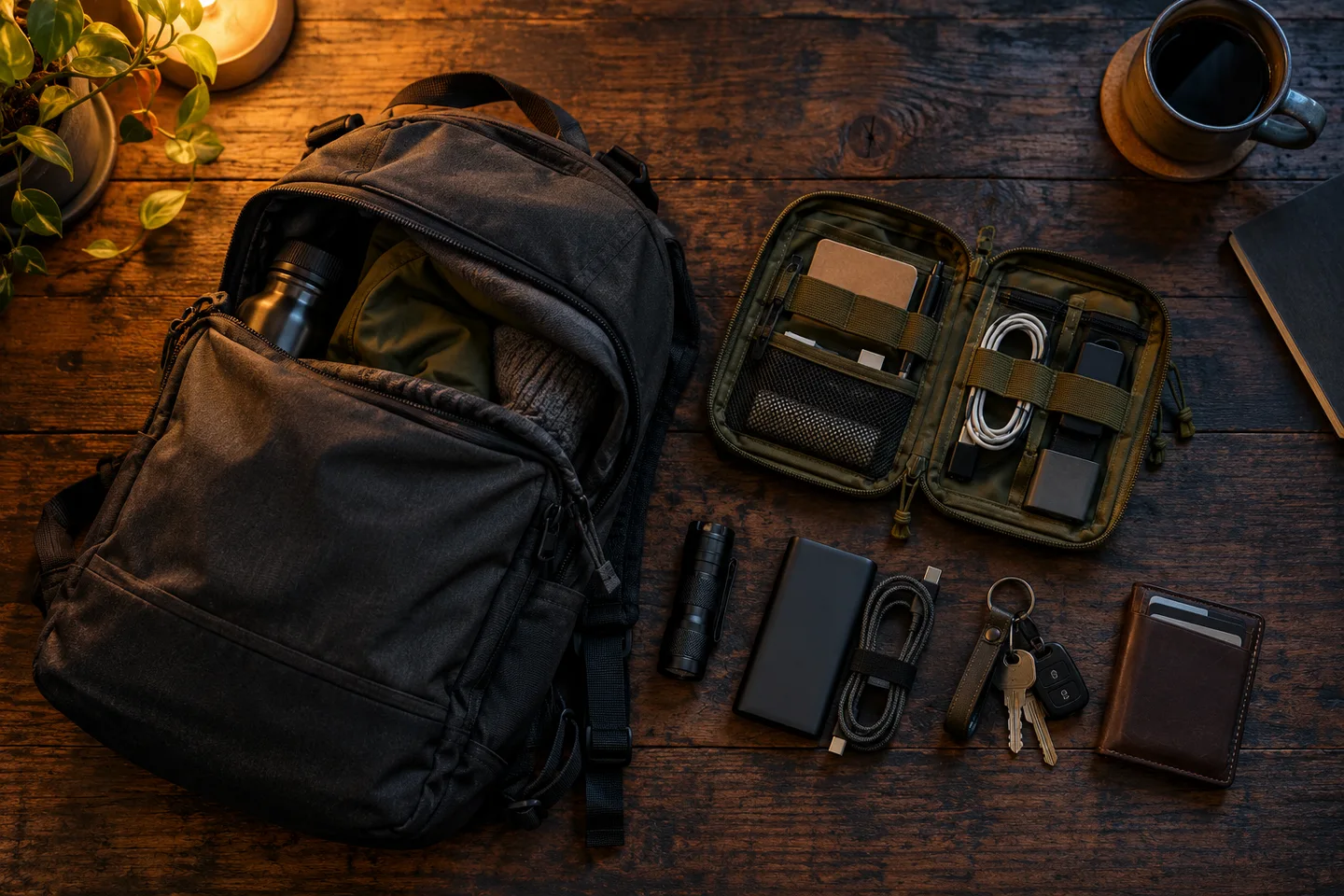 Everyday carry equipment arranged on a dark surface