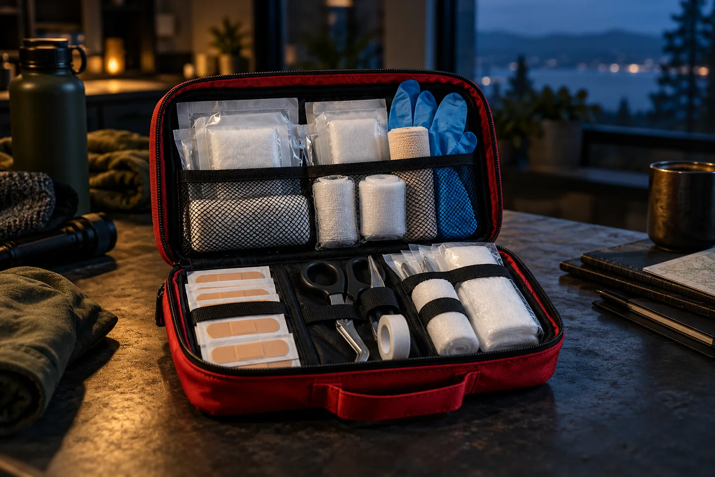 First aid supplies laid out for an emergency