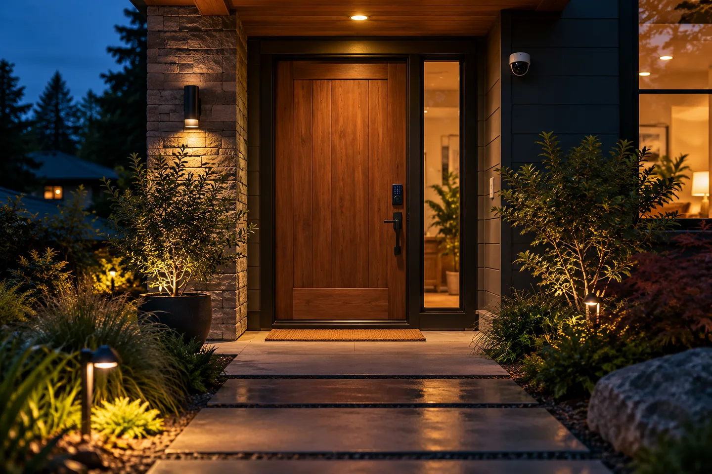 Residential entrance with a secure door, security camera, and warm exterior lighting