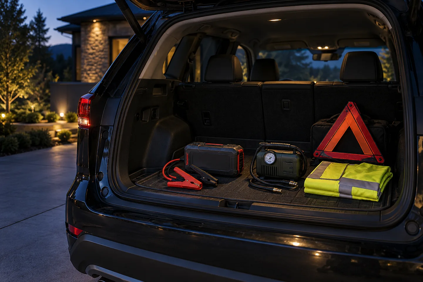 Organized roadside kit with a jump starter, tire inflator, warning triangle, and safety vest